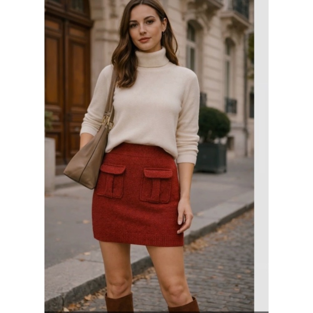 Moth Anthropologie Orange Red Knit Wool Boucle Mini Skirt Small Preppy Academia